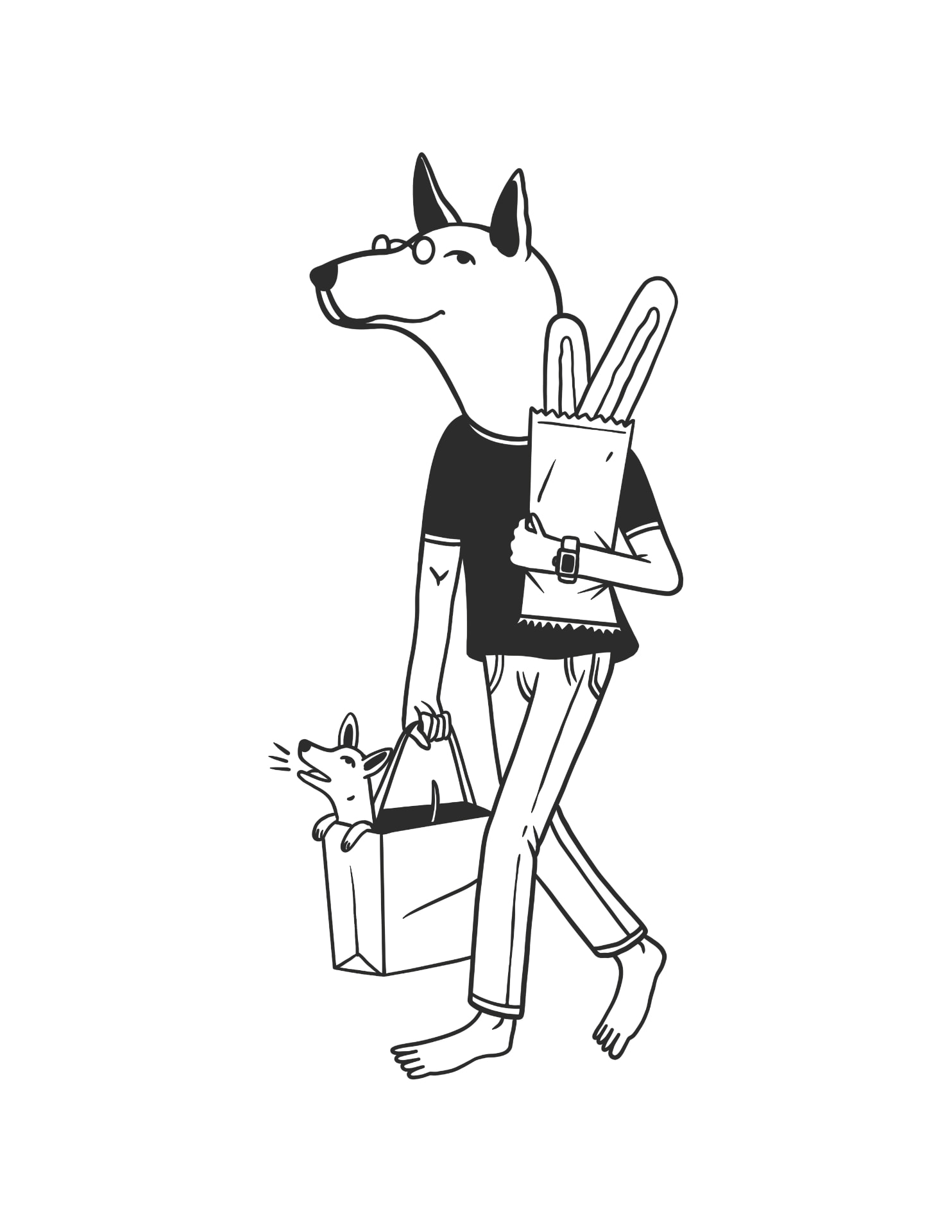 Illustrated dog-headed figure carrying groceries and a puppy in a bag