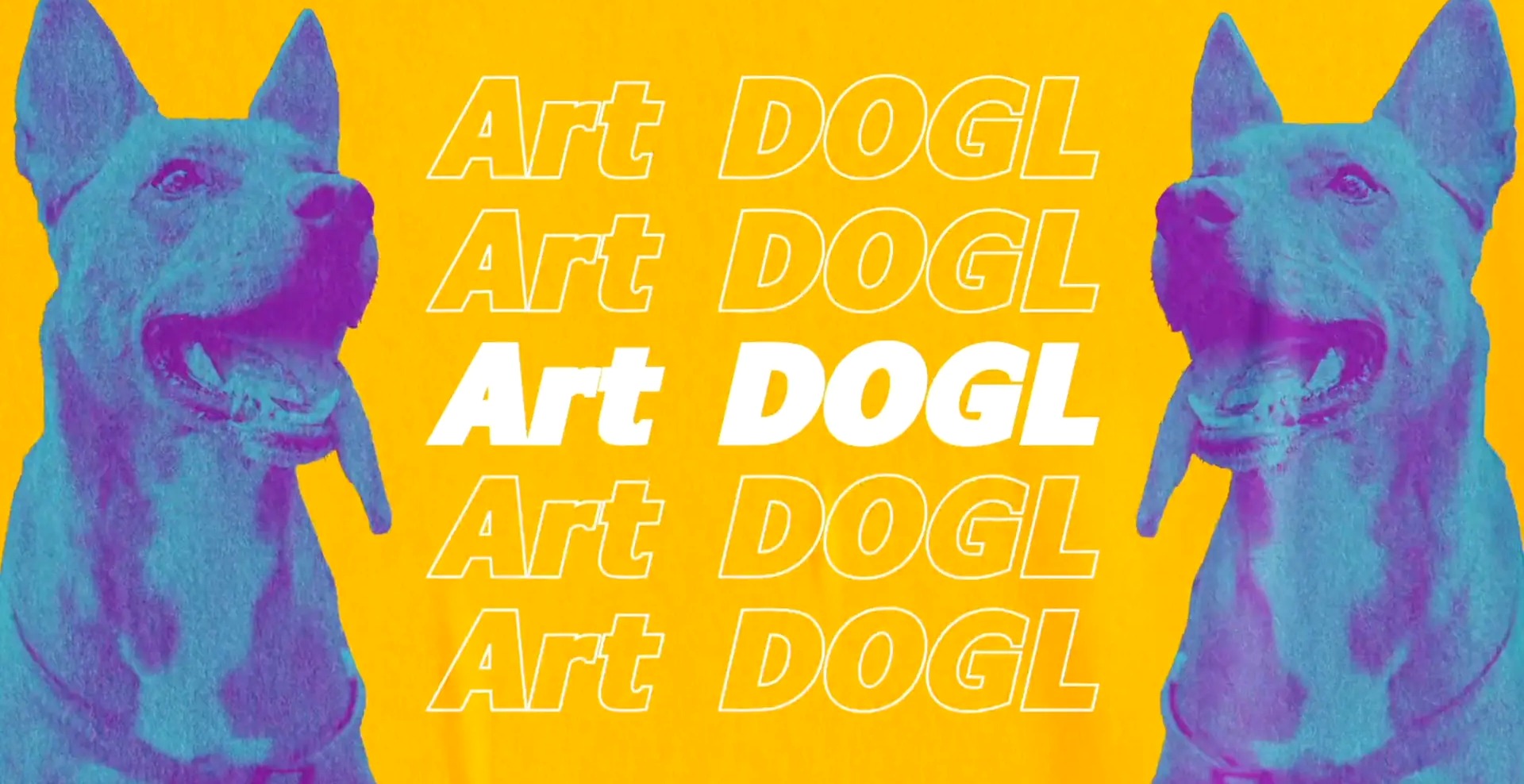 Art DOGL repeated in outlined and solid type between two duotone dogs on a yellow field