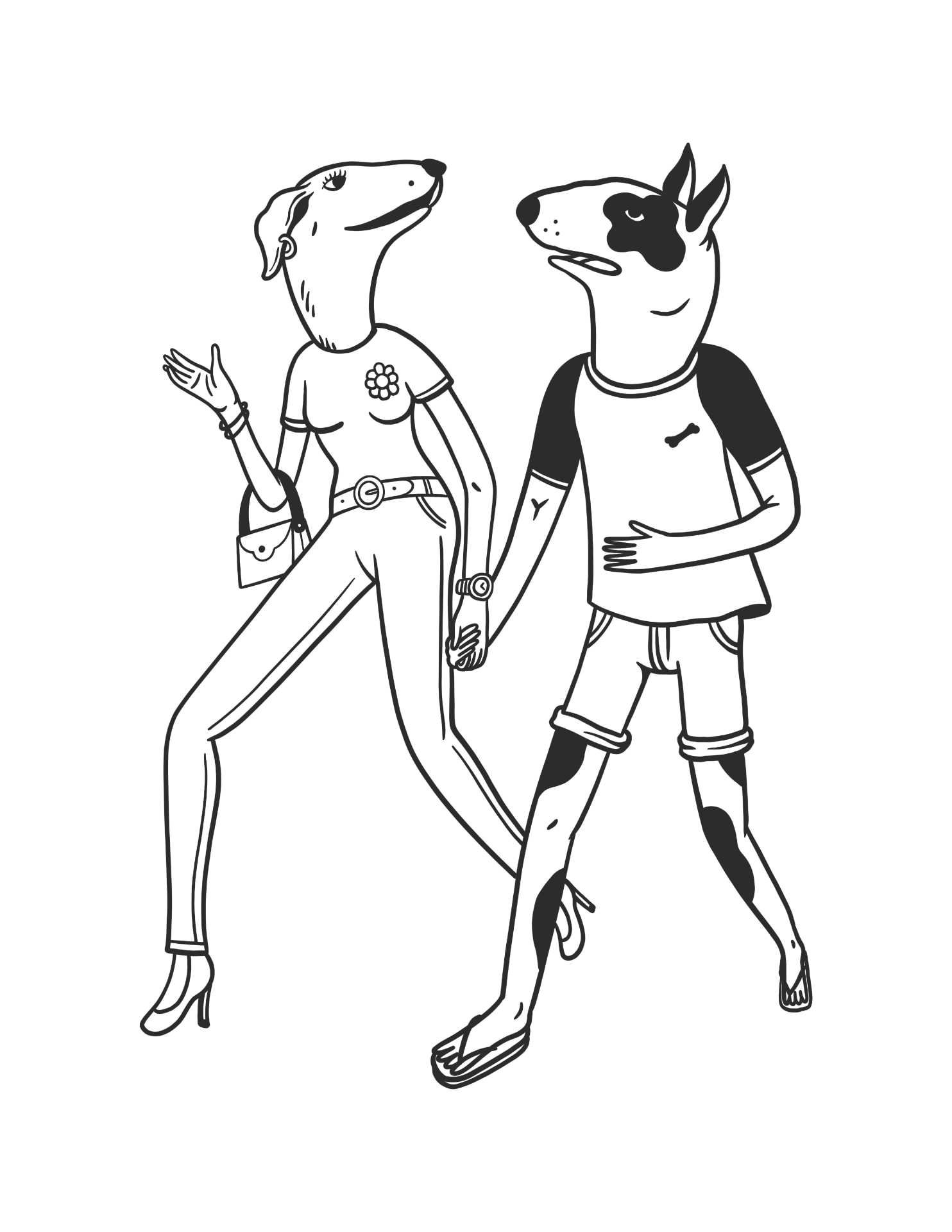 Illustrated pair of dog-headed figures walking hand in hand