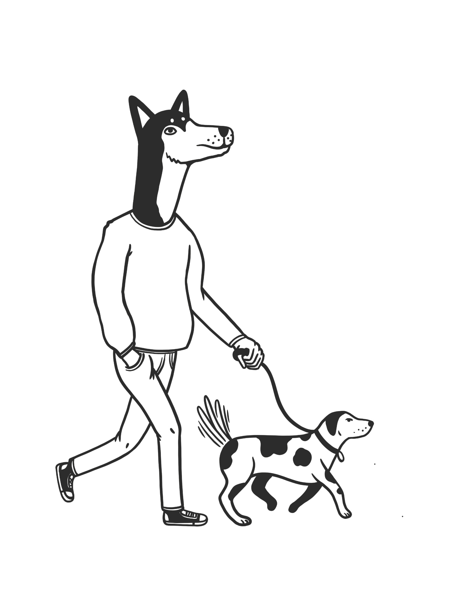 Illustrated figure with a dog's head walking a dalmatian