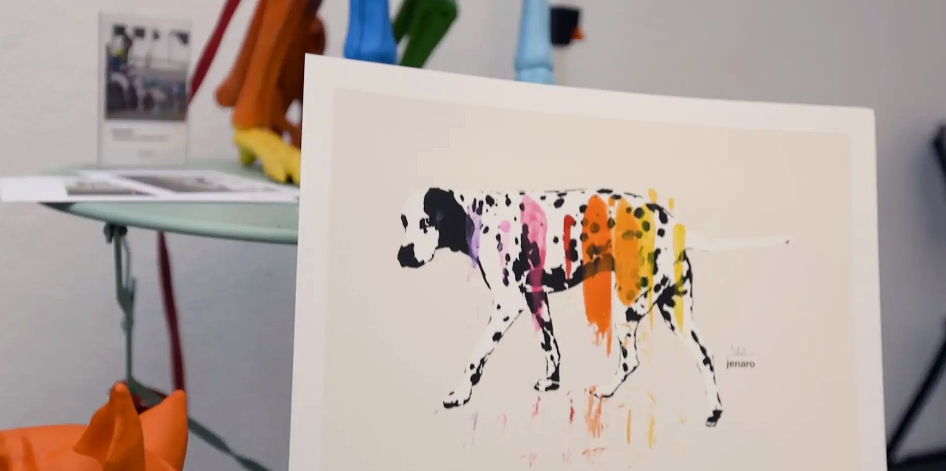 Screenprint of a dalmatian crossed with bands of colour, signed jenaro