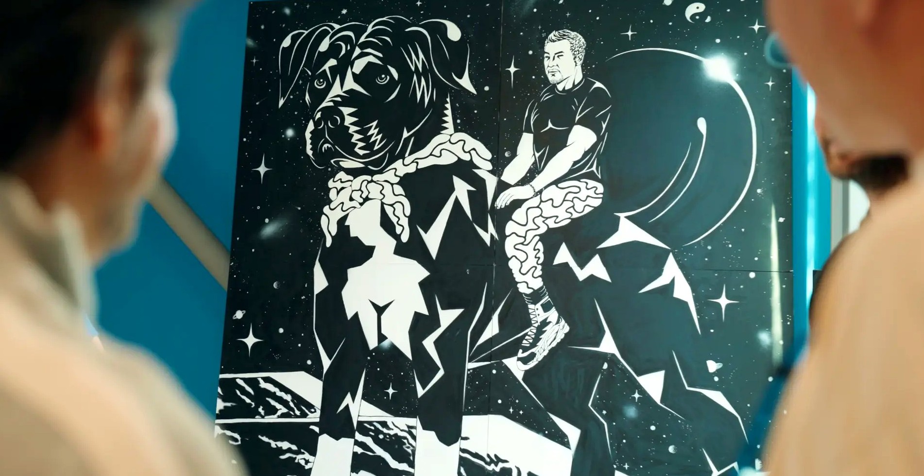 Black and white cosmic diptych of a dog and its person