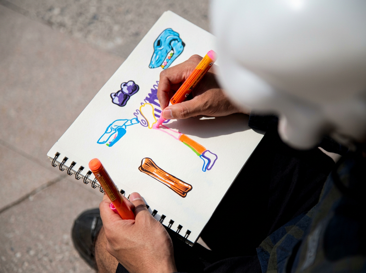 Artist drawing dogs in marker in a spiral sketchbook